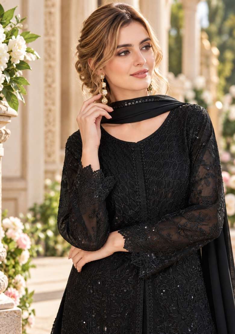 Black Embroidery Georgette Kurta Set - Indya