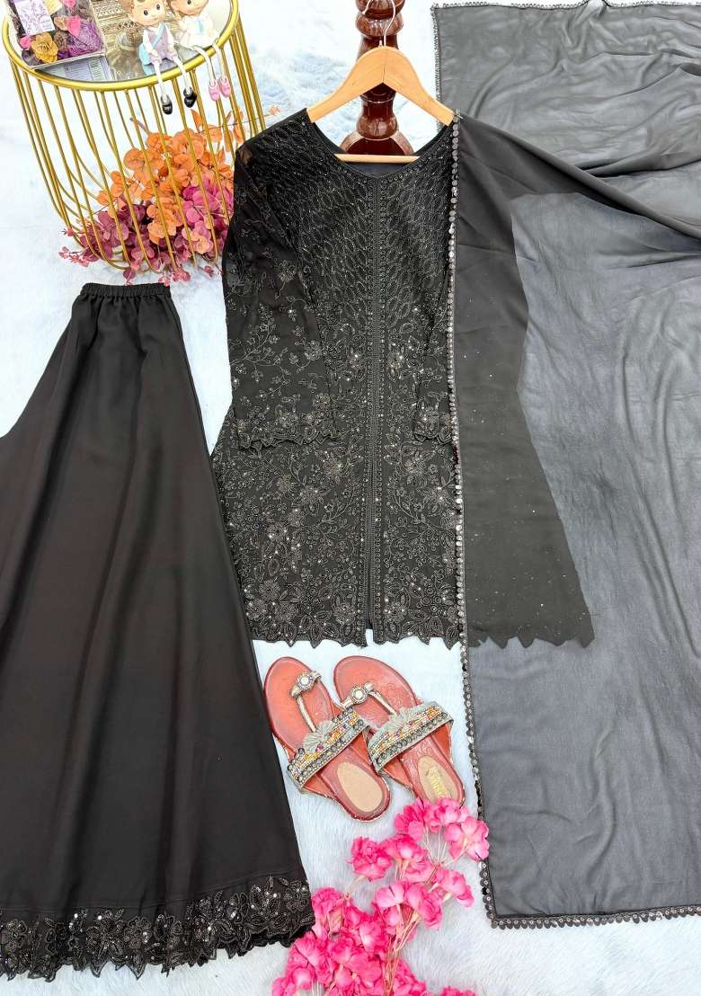 Black Embroidery Georgette Kurta Set - Indya