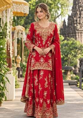 Red Embroidery Georgette Kurta Set