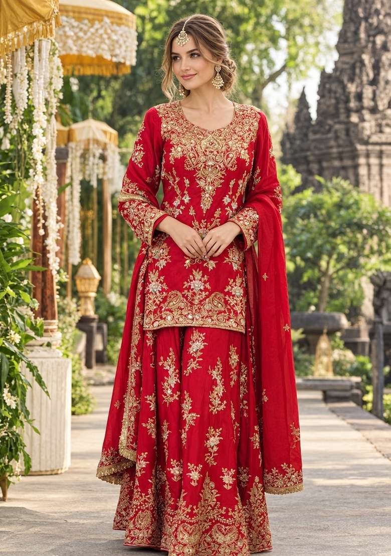 Red Embroidery Georgette Kurta Set - Indya