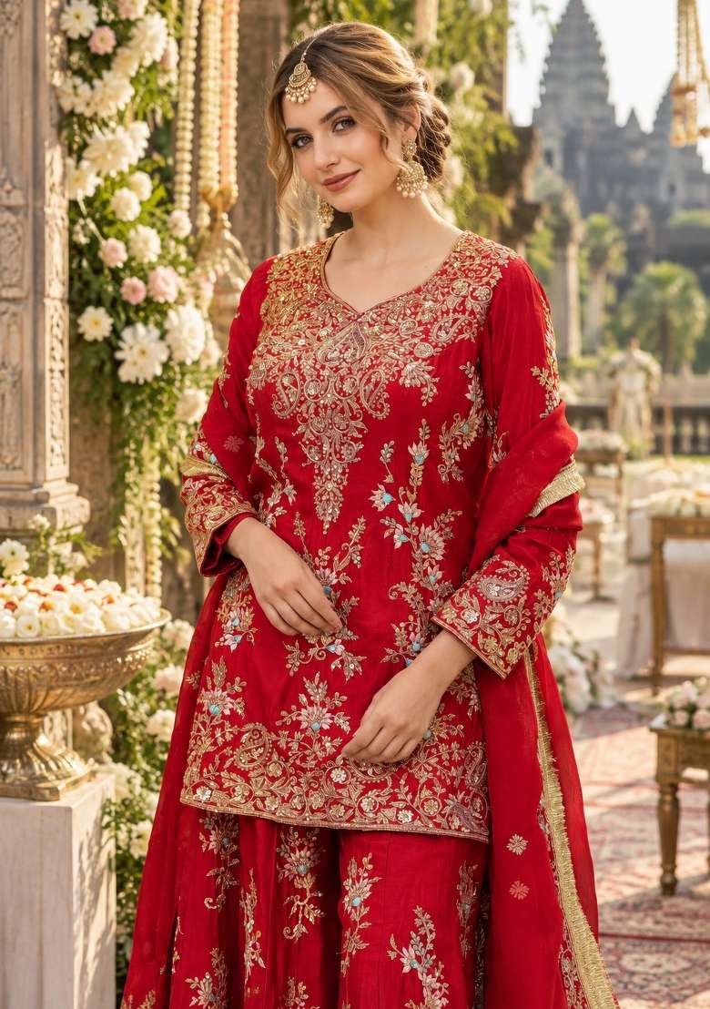 Red Embroidery Georgette Kurta Set - Indya