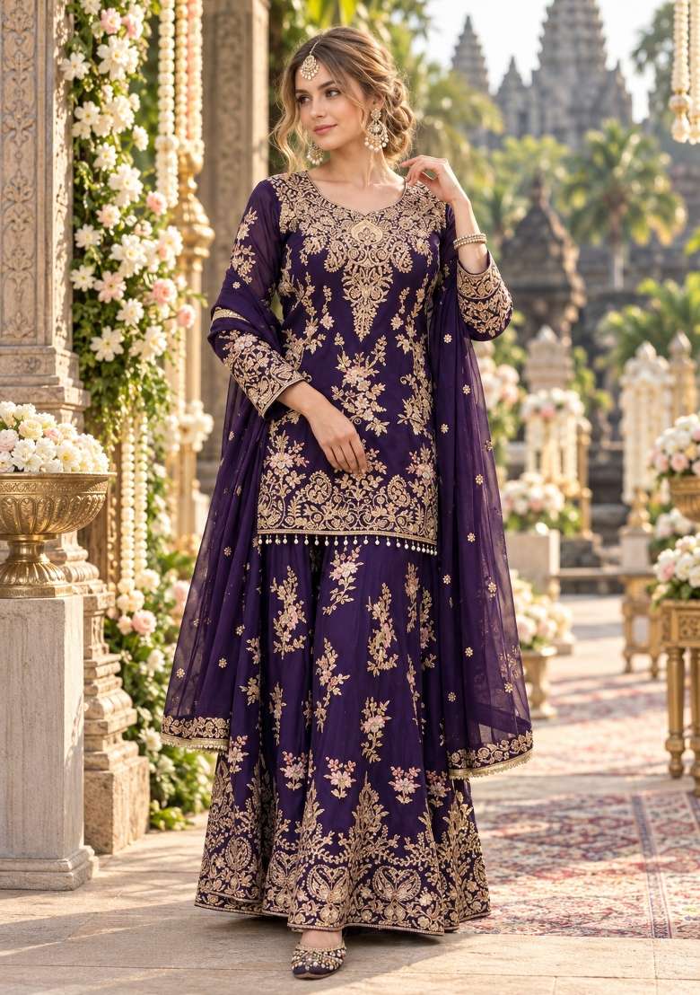 Violet Embroidery Georgette Kurta Set - Indya