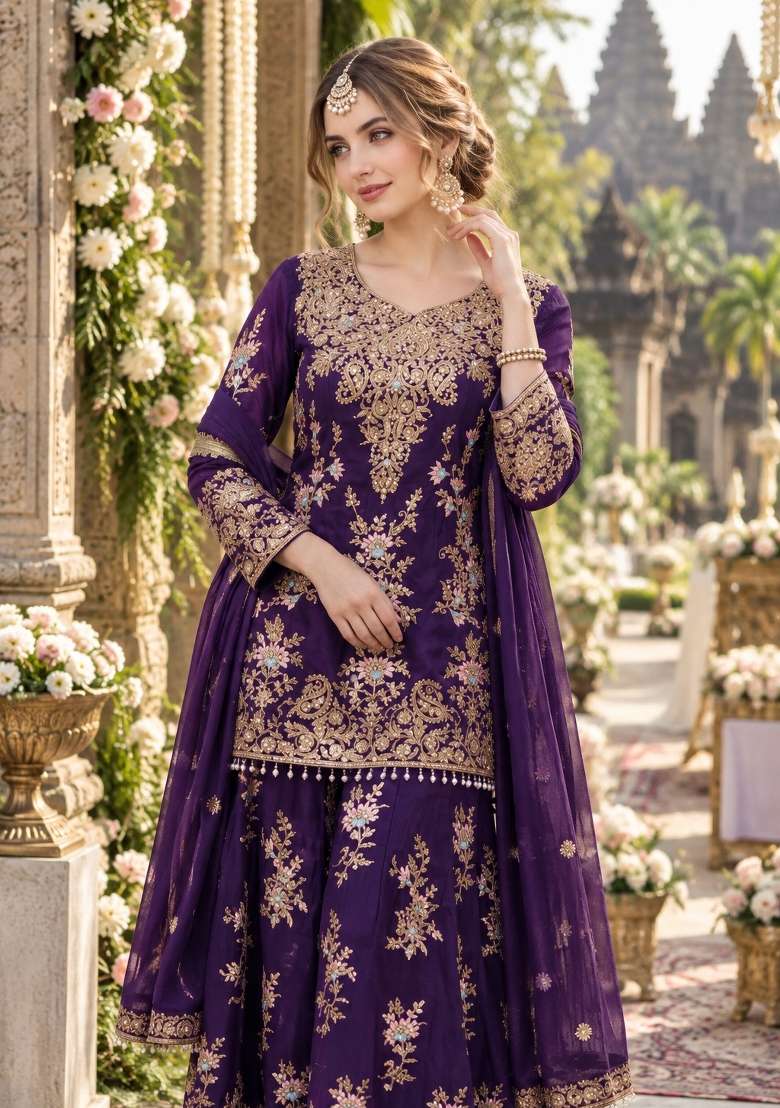 Violet Embroidery Georgette Kurta Set - Indya
