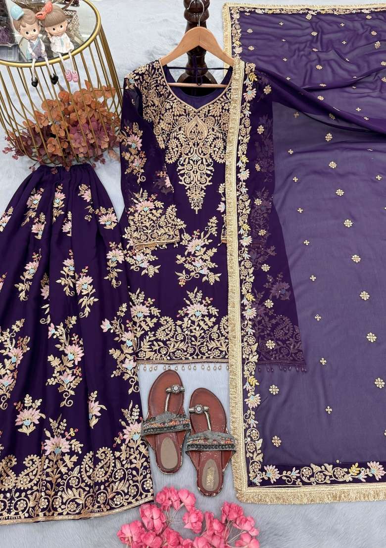 Violet Embroidery Georgette Kurta Set - Indya