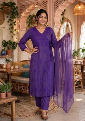 Purple Embroidery Cotton Kurta Set