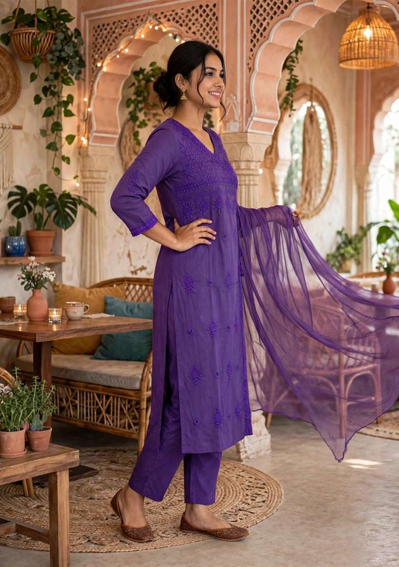 Purple Embroidery Cotton Kurta Set - Indya