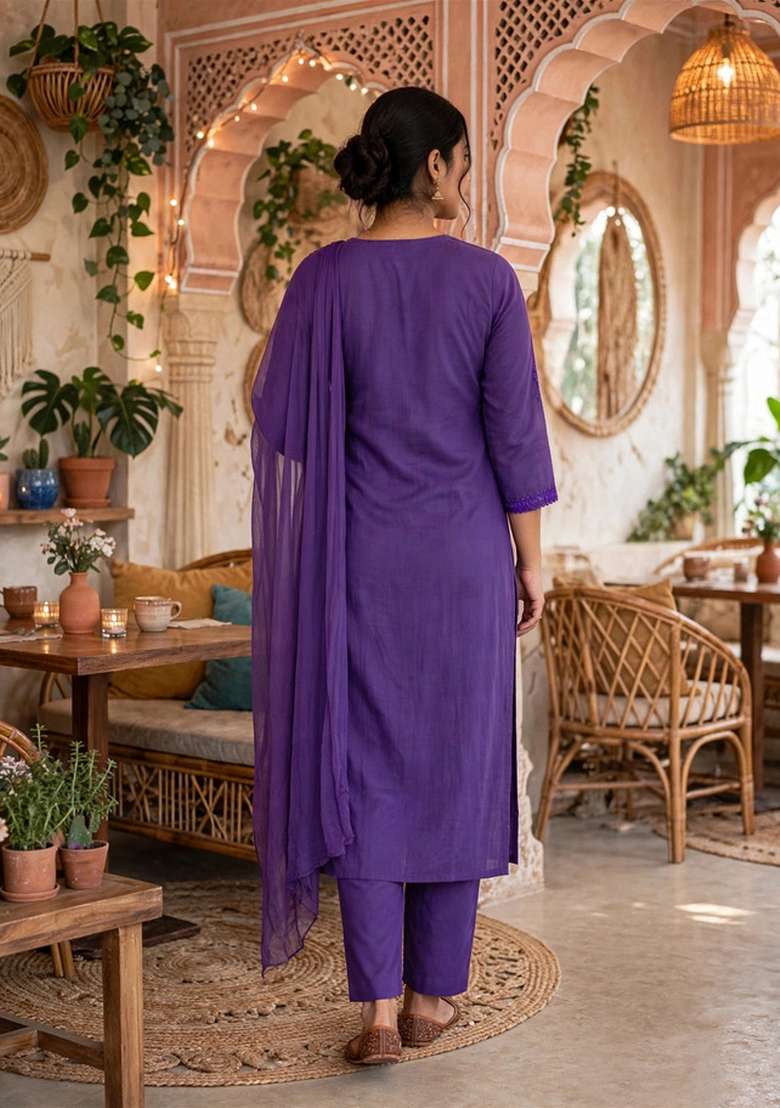 Purple Embroidery Cotton Kurta Set - Indya