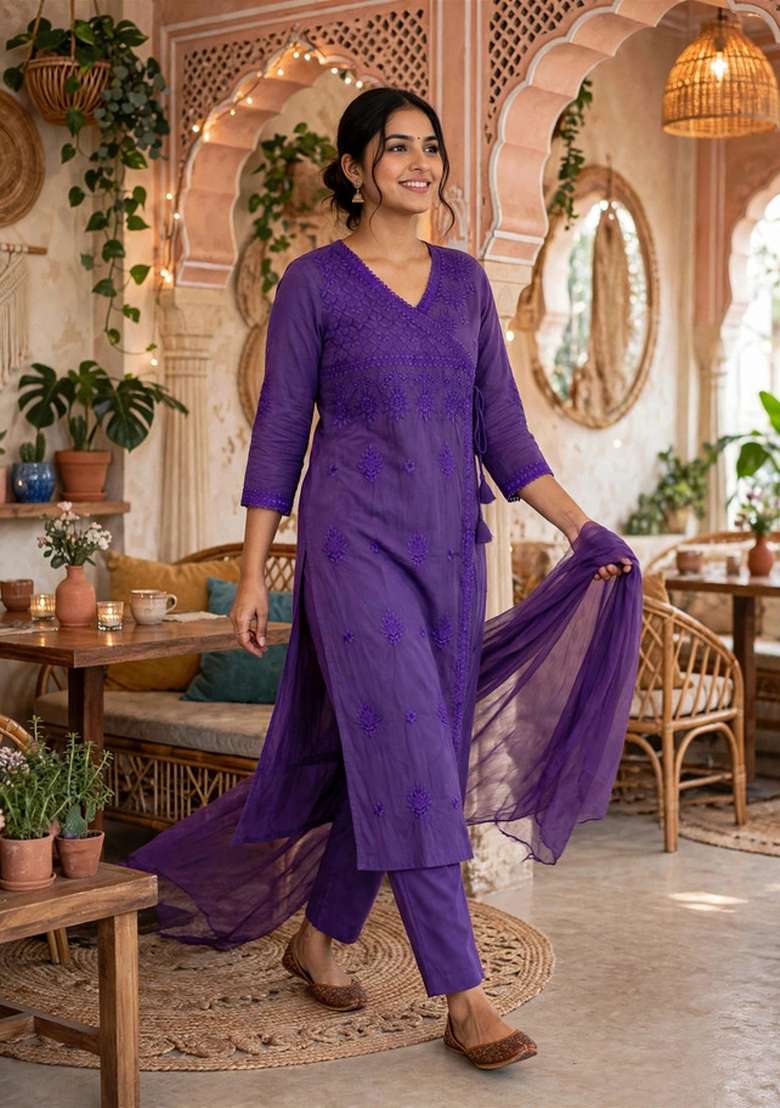 Purple Embroidery Cotton Kurta Set - Indya