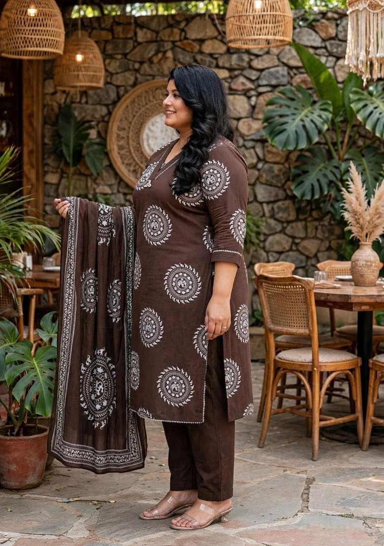 Brown Printed Cotton Palazzo Set - Indya