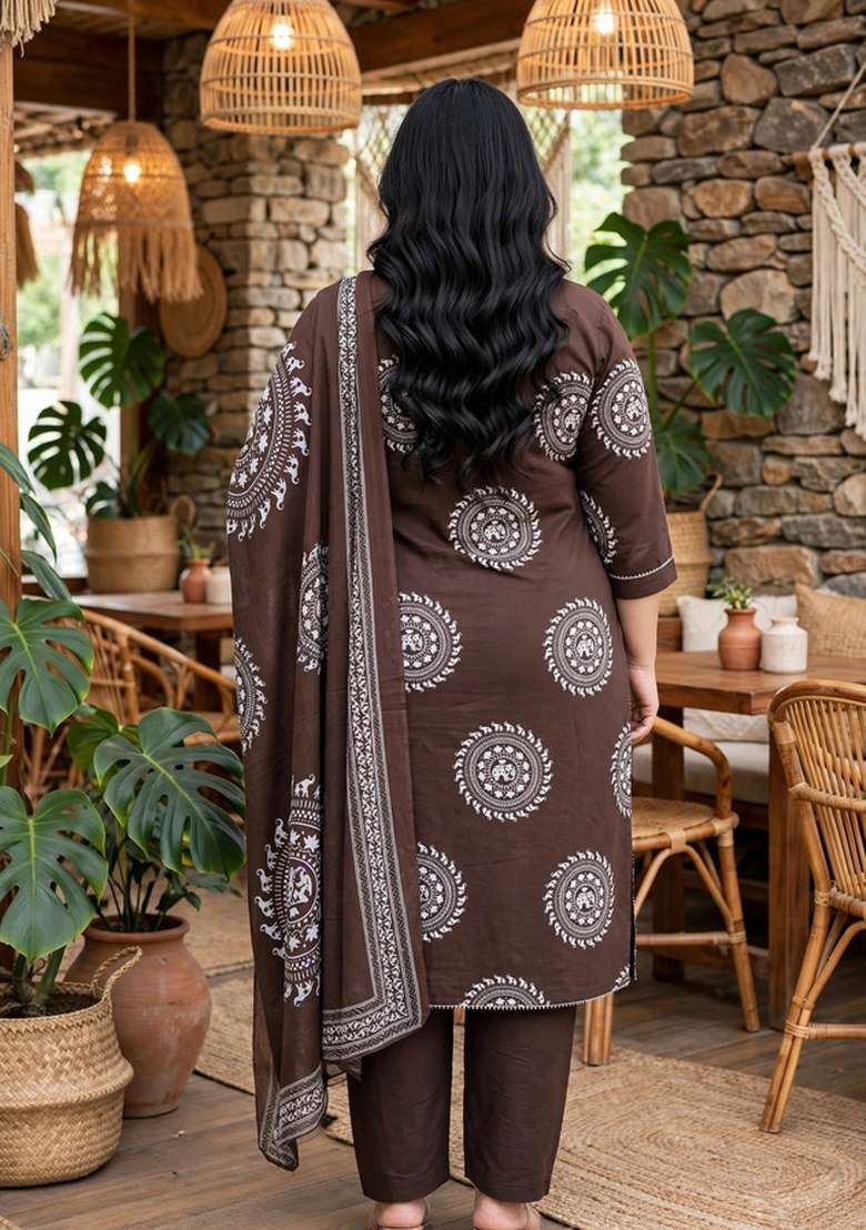 Brown Printed Cotton Palazzo Set - Indya