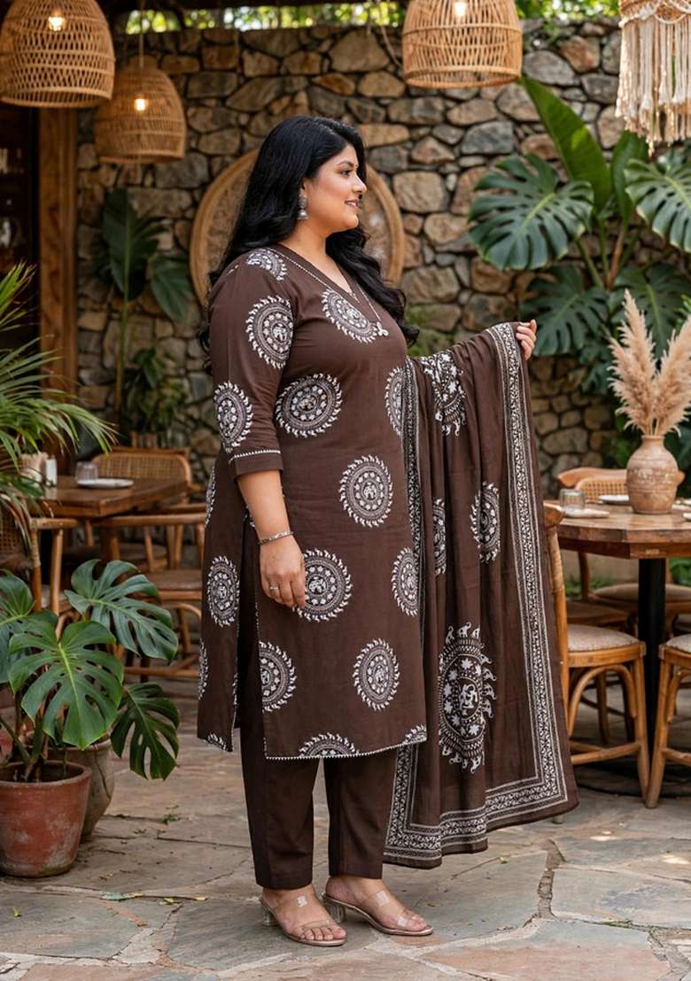 Brown Printed Cotton Palazzo Set - Indya