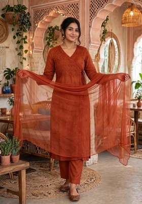 Rust Embroidery Cotton Palazzo Set
