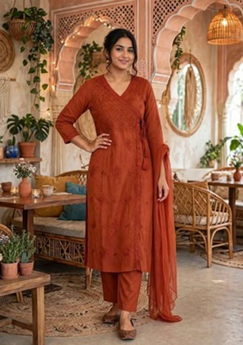 Rust Embroidery Cotton Palazzo Set - Indya