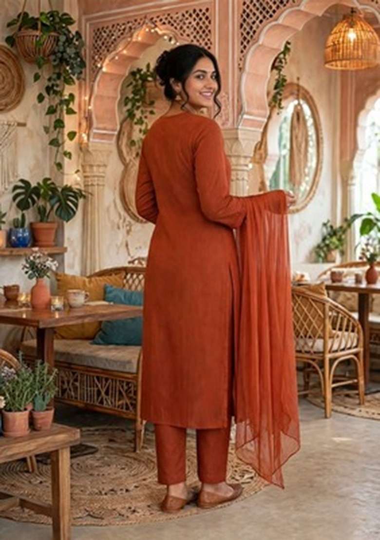 Rust Embroidery Cotton Palazzo Set - Indya