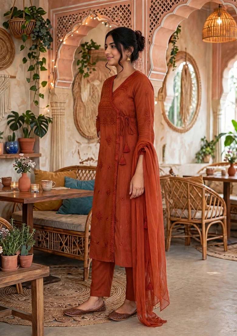 Rust Embroidery Cotton Palazzo Set - Indya