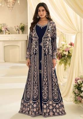 Navy Blue Embroidery Silk Anarkali Set