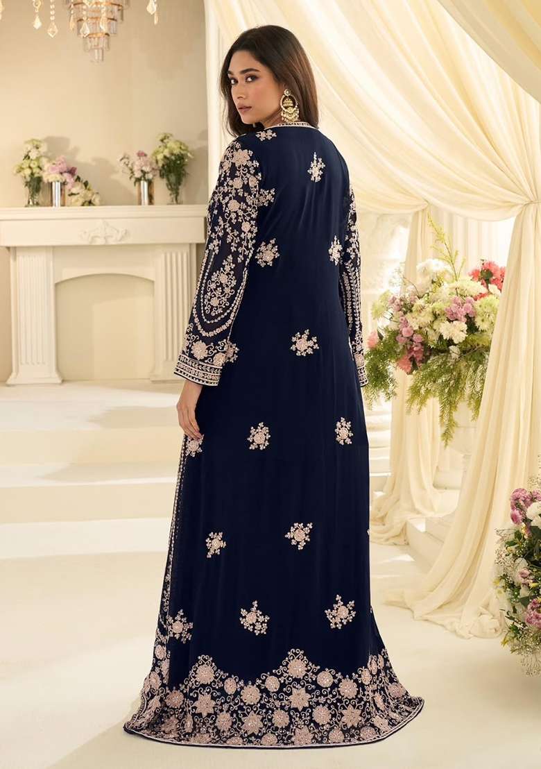 Navy Blue Embroidery Silk Anarkali Set - Indya