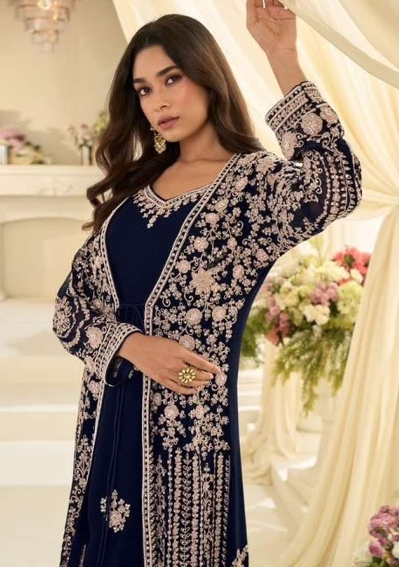 Navy Blue Embroidery Silk Anarkali Set - Indya