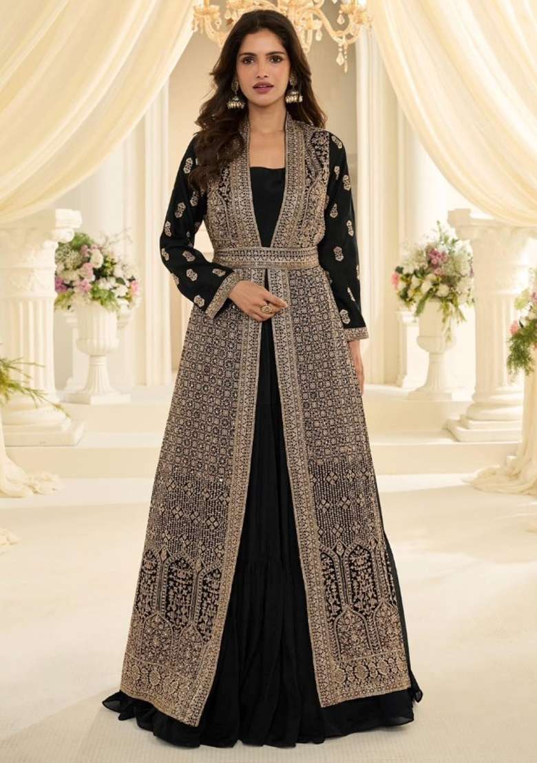 Black Embroidery Silk Anarkali Set - Indya