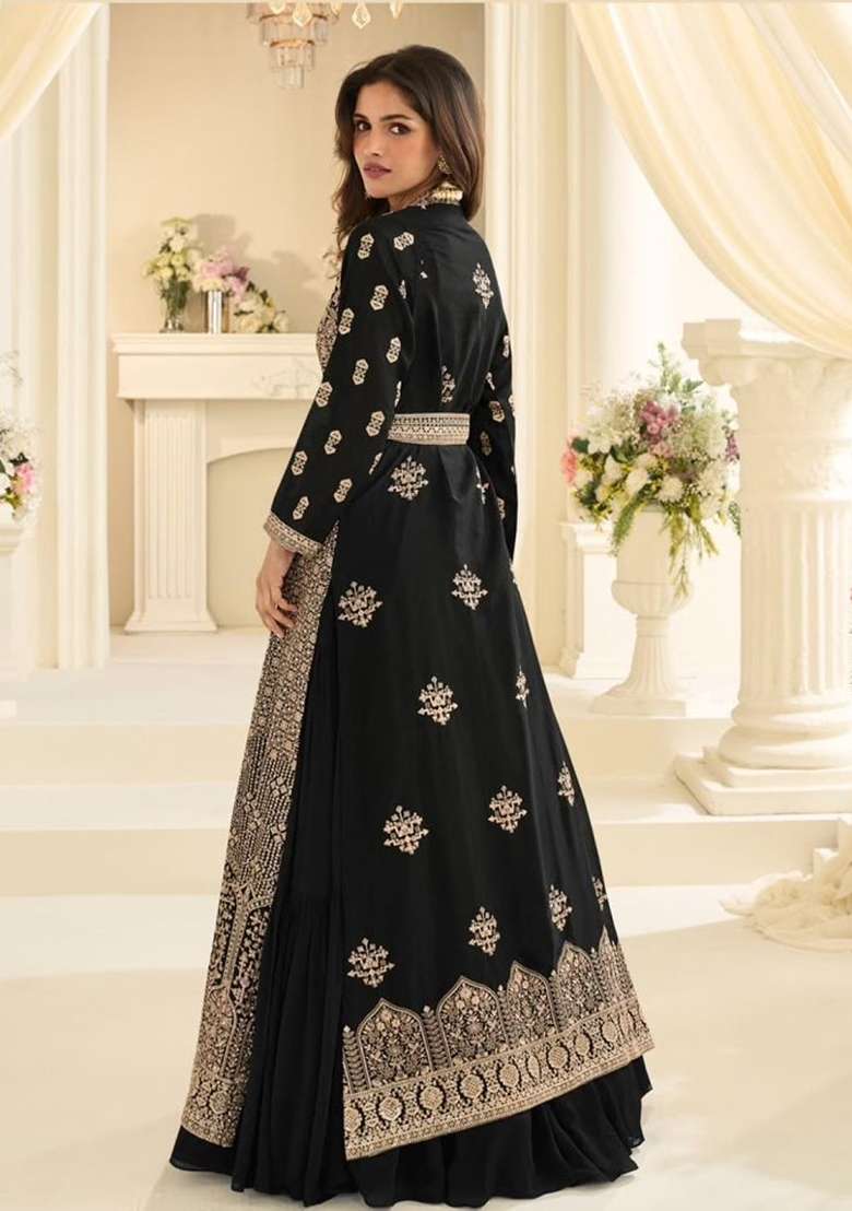 Black Embroidery Silk Anarkali Set - Indya