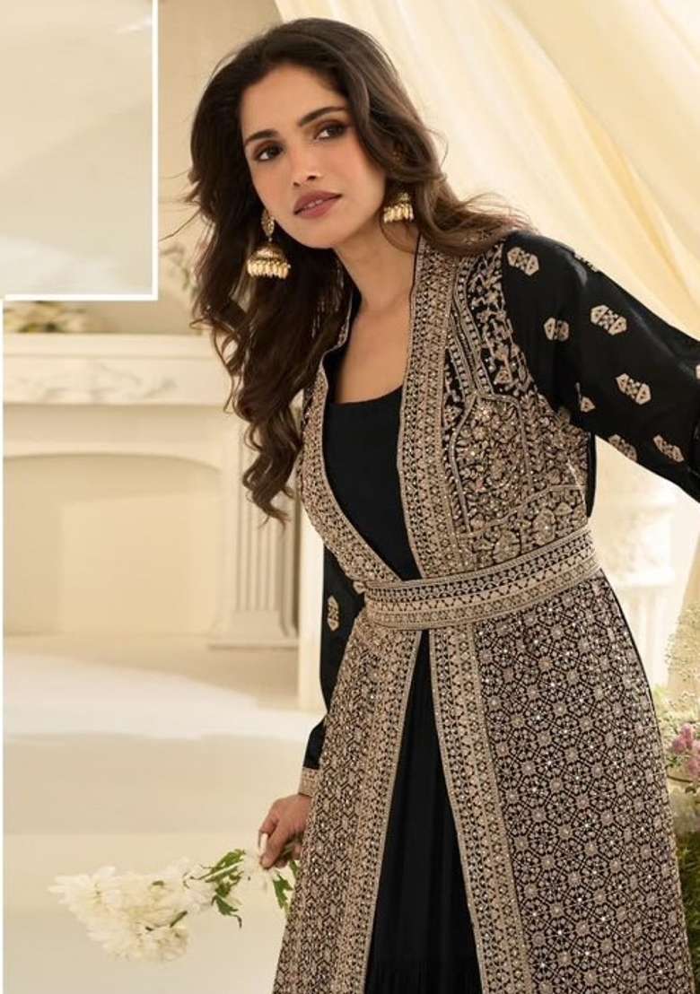 Black Embroidery Silk Anarkali Set - Indya