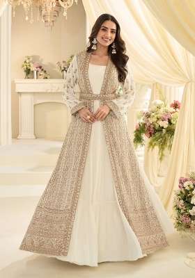 Off White Embroidery Silk Anarkali Set