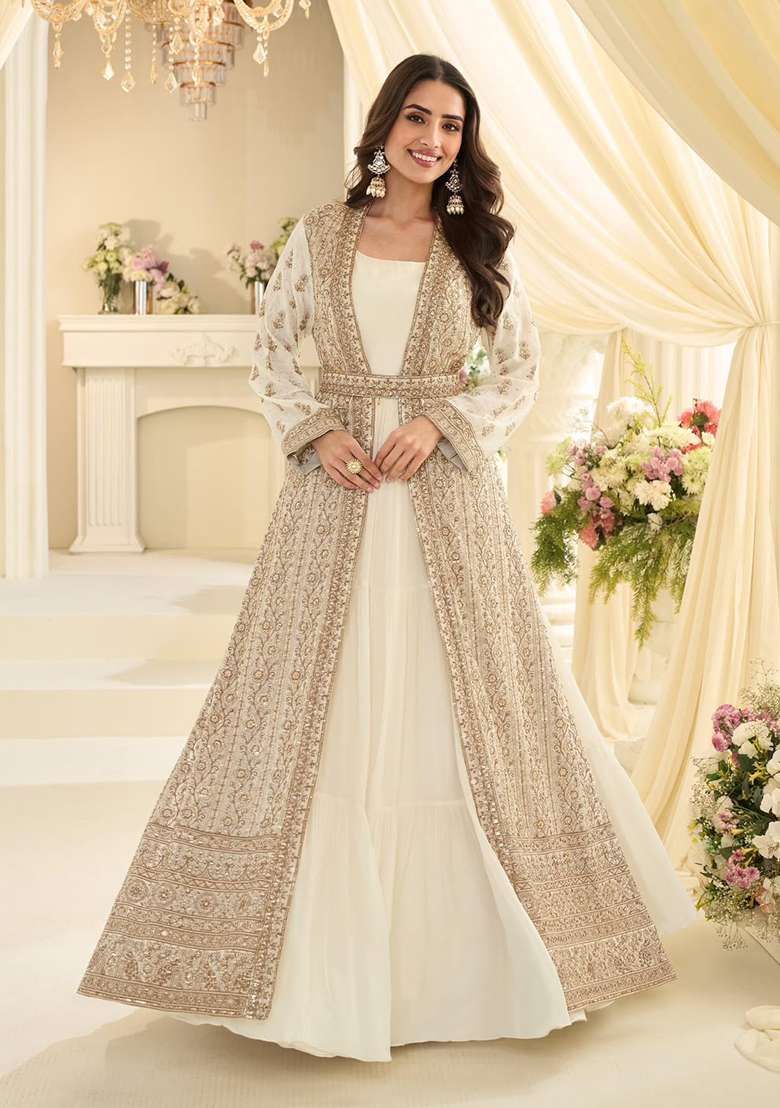 Off White Embroidery Silk Anarkali Set - Indya