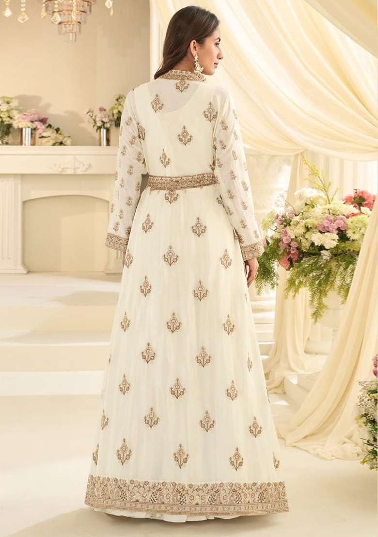 Off White Embroidery Silk Anarkali Set - Indya