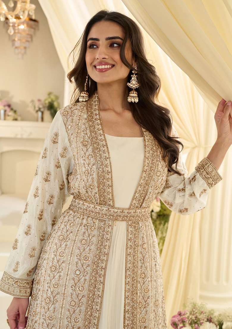 Off White Embroidery Silk Anarkali Set - Indya