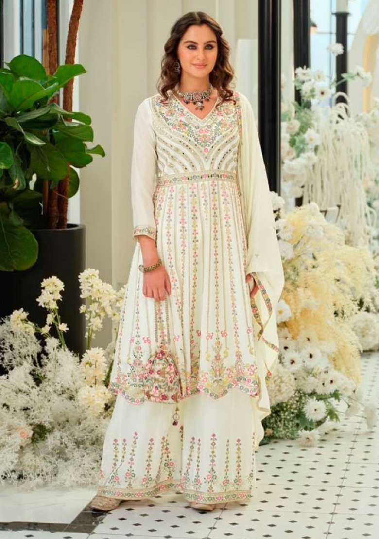 White Embroidery Silk Kurta Set - Indya