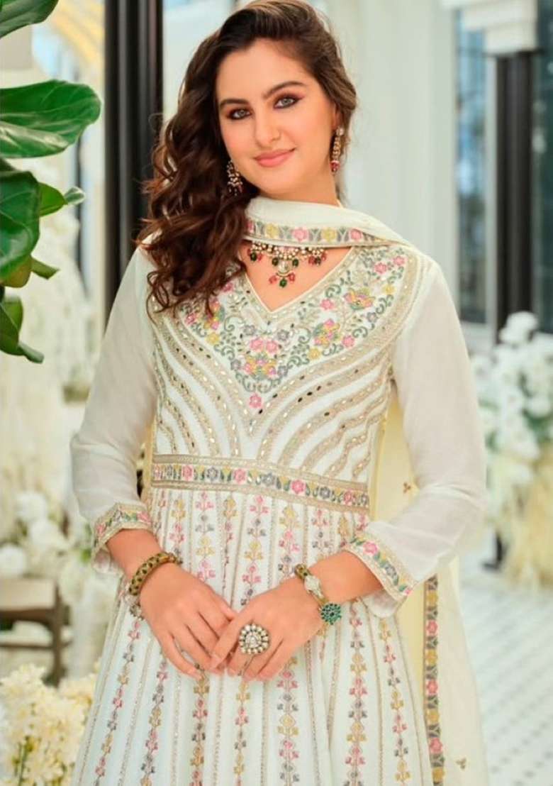White Embroidery Silk Kurta Set - Indya