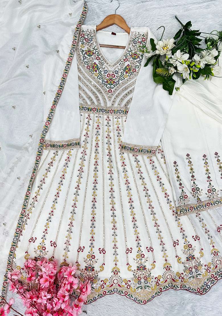 White Embroidery Silk Kurta Set - Indya