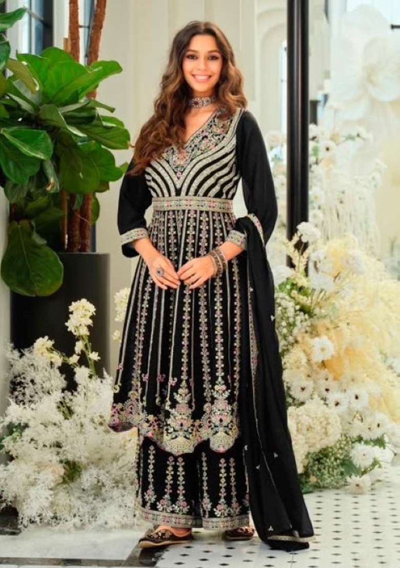 Black Embroidery Silk Kurta Set - Indya