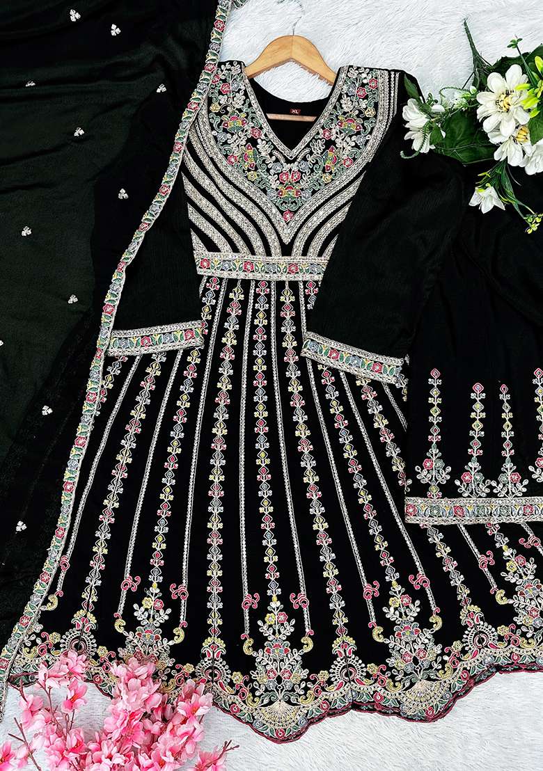 Black Embroidery Silk Kurta Set - Indya