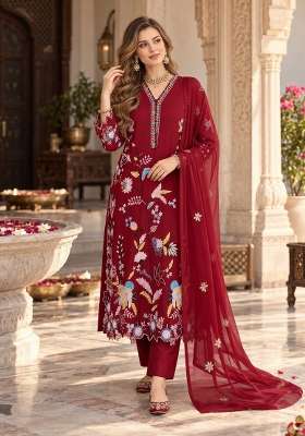 Maroon Embroidery Silk Kurta Set