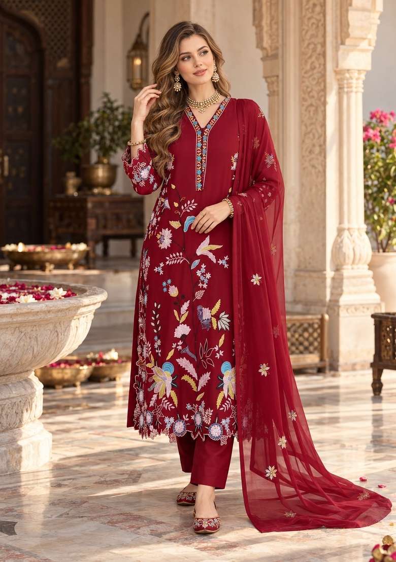 Maroon Embroidery Silk Kurta Set - Indya