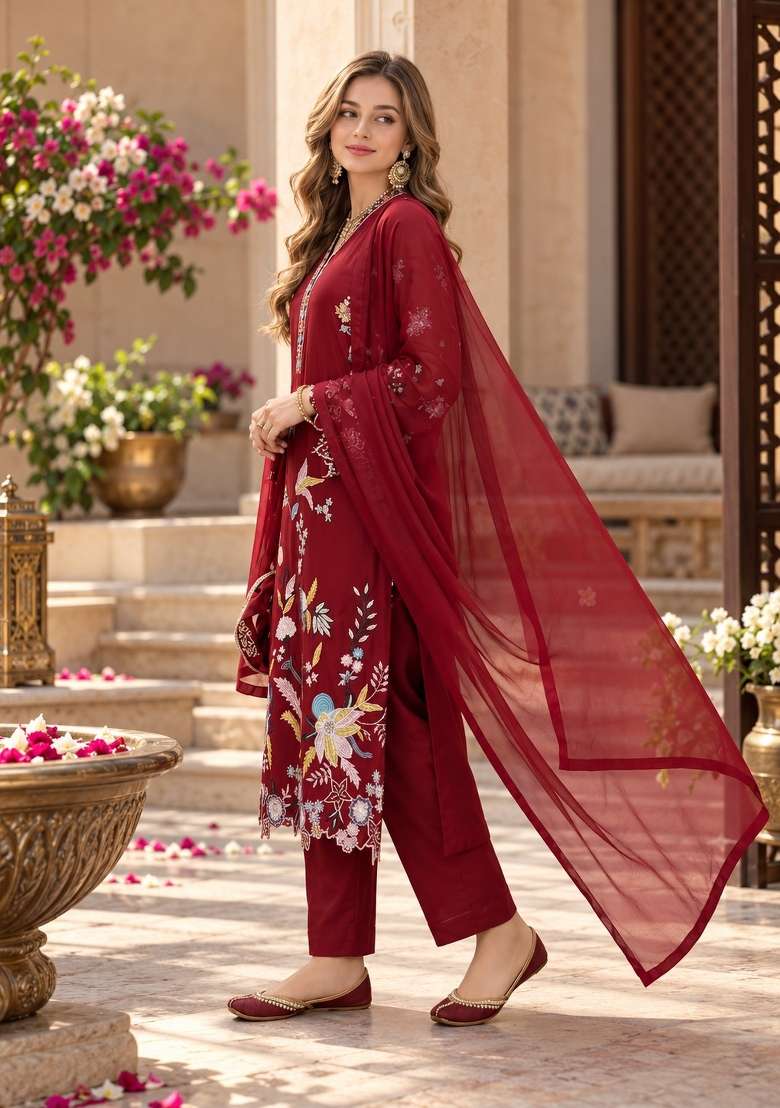 Maroon Embroidery Silk Kurta Set - Indya