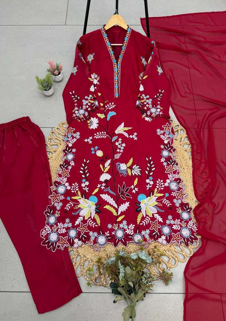 Maroon Embroidery Silk Kurta Set - Indya