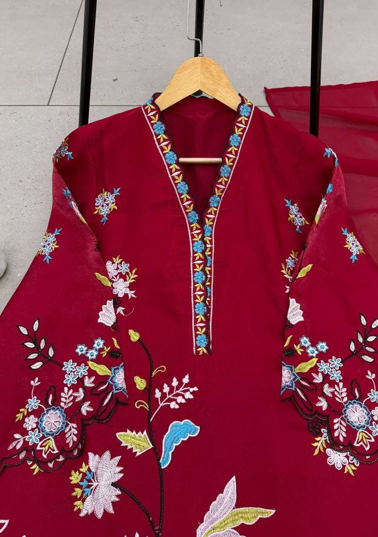 Maroon Embroidery Silk Kurta Set - Indya