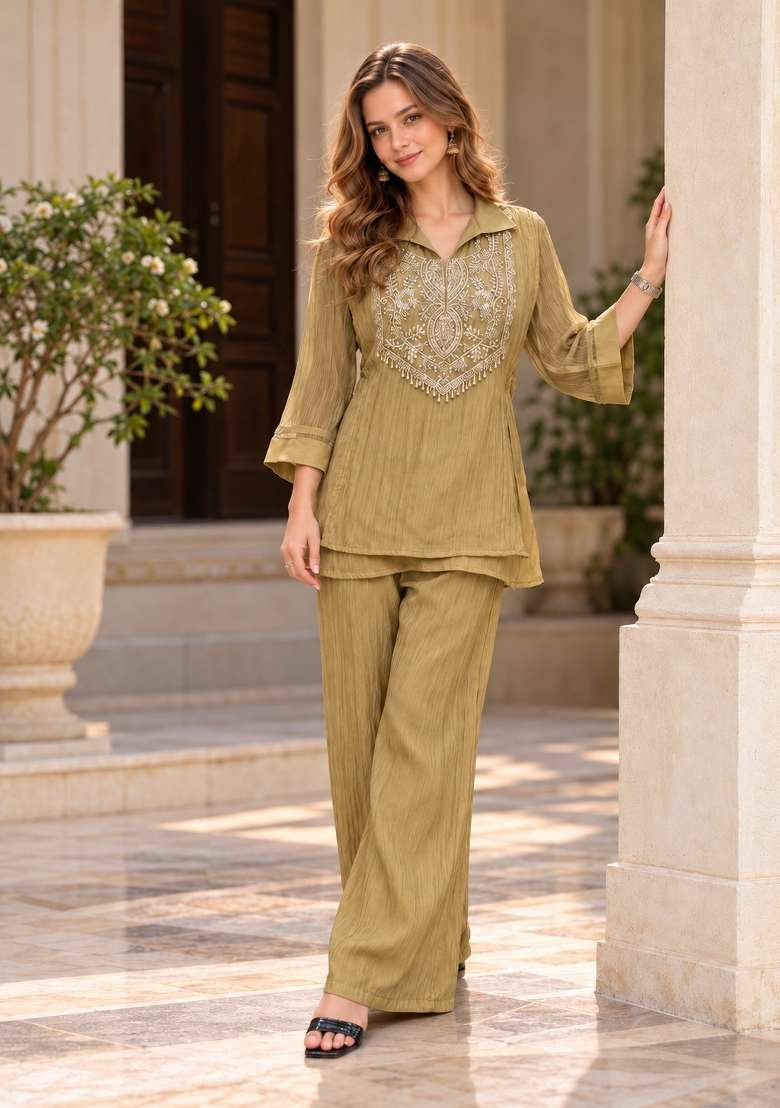 Olive Beads Silk Kurta Set - Indya