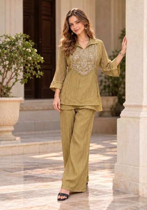 Olive Beads Silk Kurta Set
