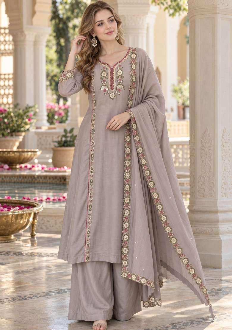 Grey Embroidery Chanderi Anarkali Set - Indya