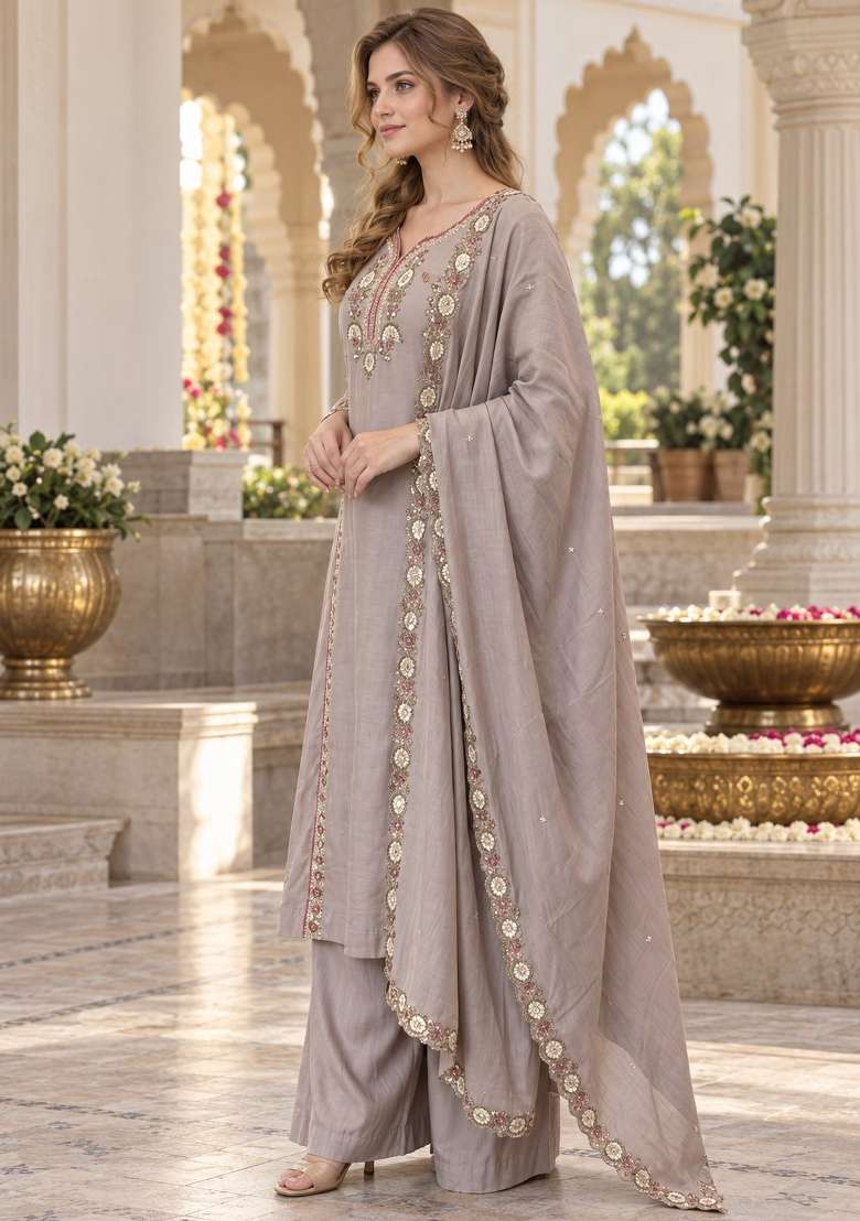Grey Embroidery Chanderi Anarkali Set - Indya