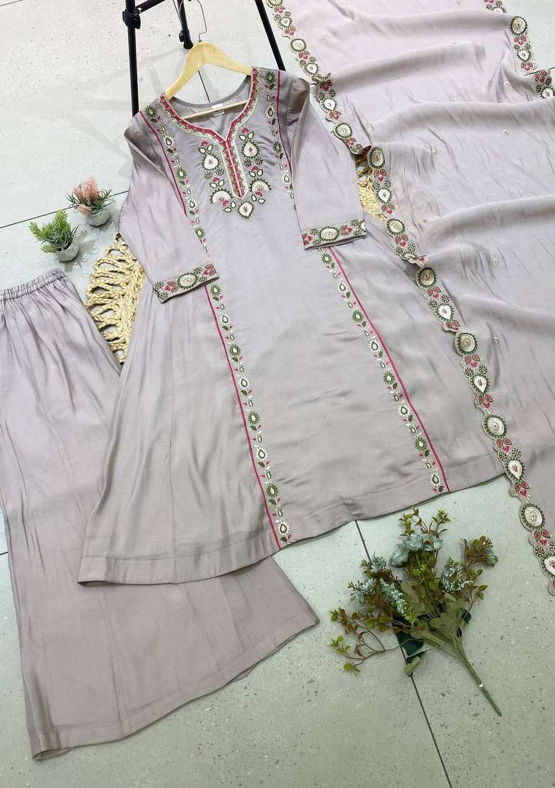 Grey Embroidery Chanderi Anarkali Set - Indya