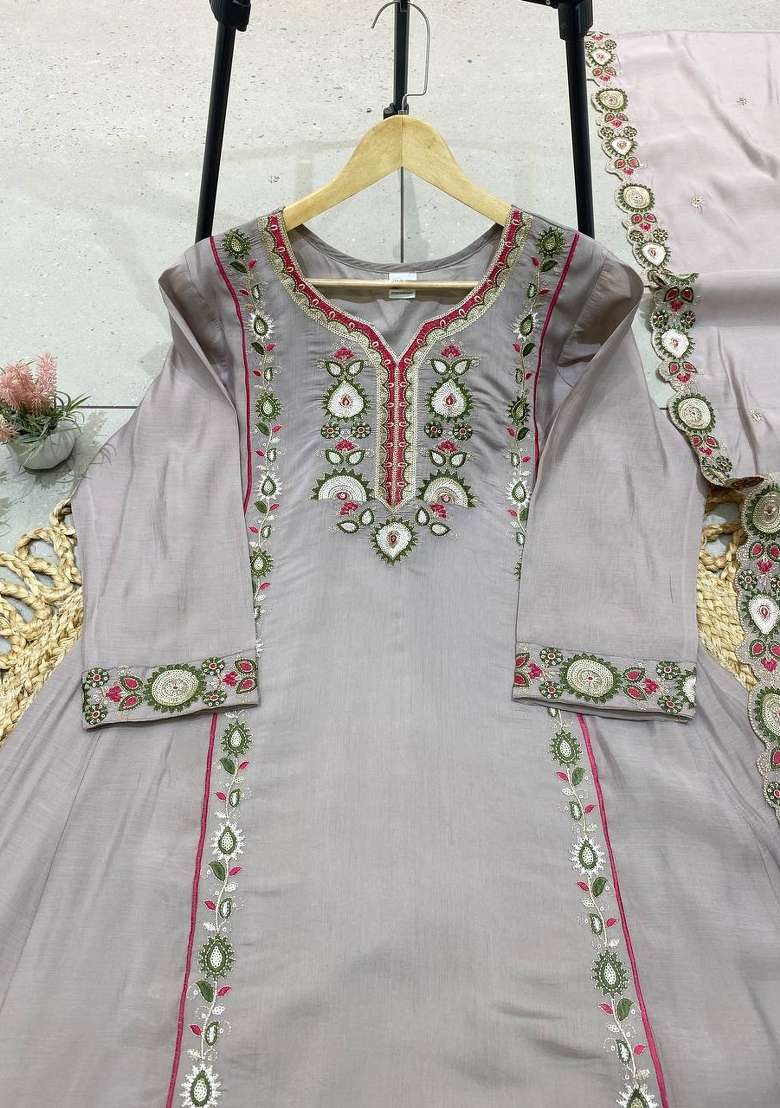 Grey Embroidery Chanderi Anarkali Set - Indya