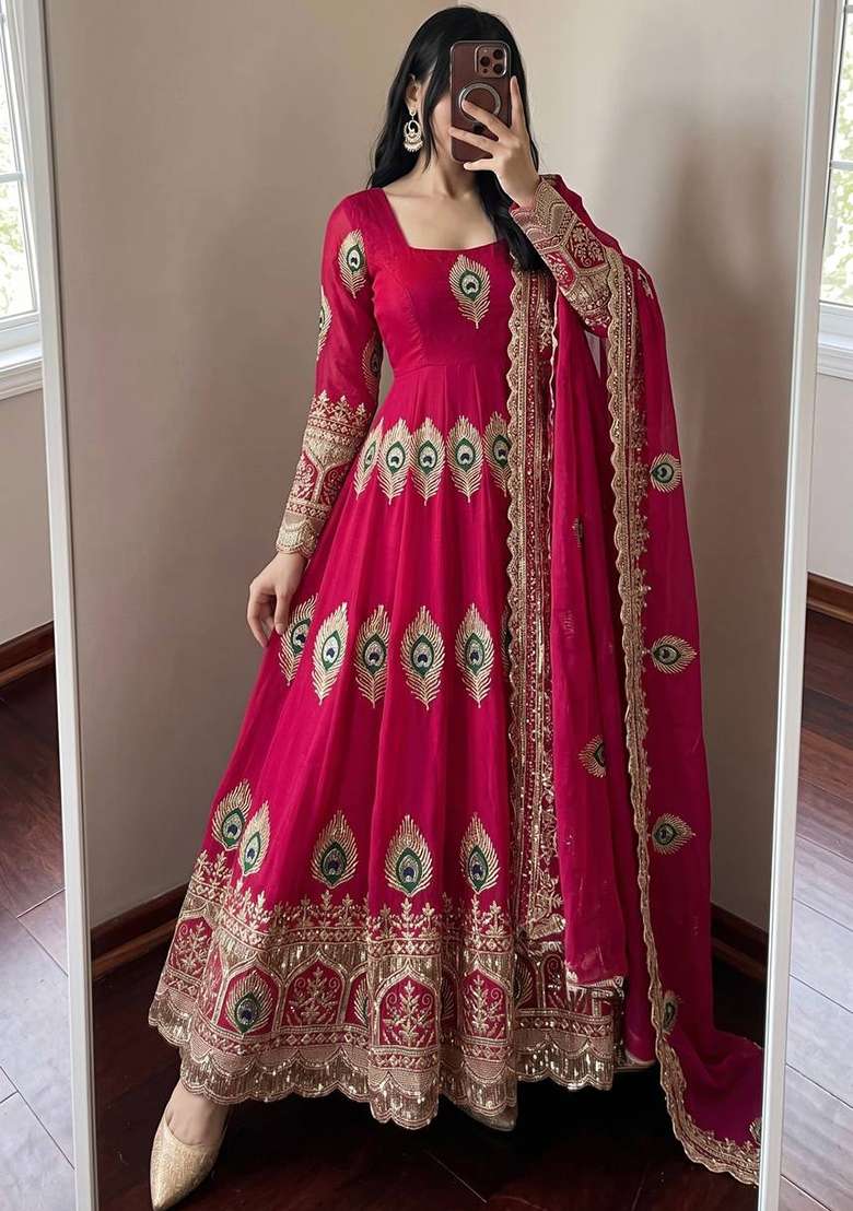 Rani Pink Embroidery Silk Anarkali Set - Indya