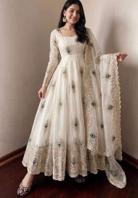 Off White Embroidery Silk Anarkali Set