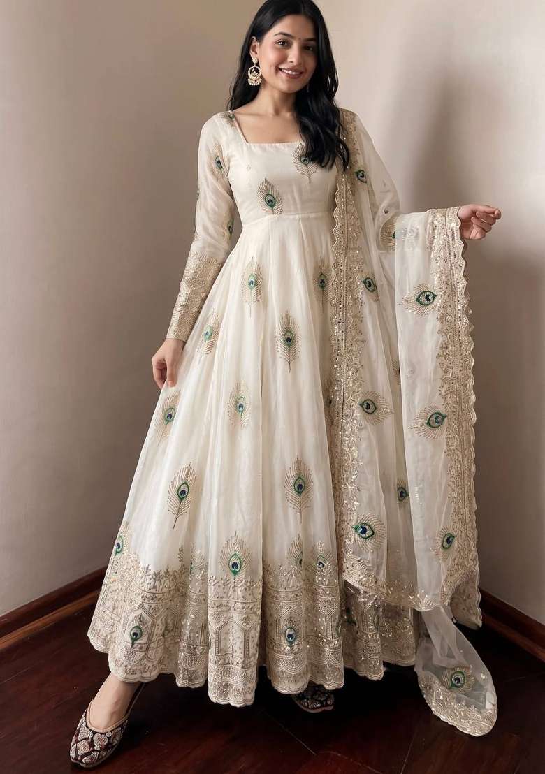 Off White Embroidery Silk Anarkali Set - Indya