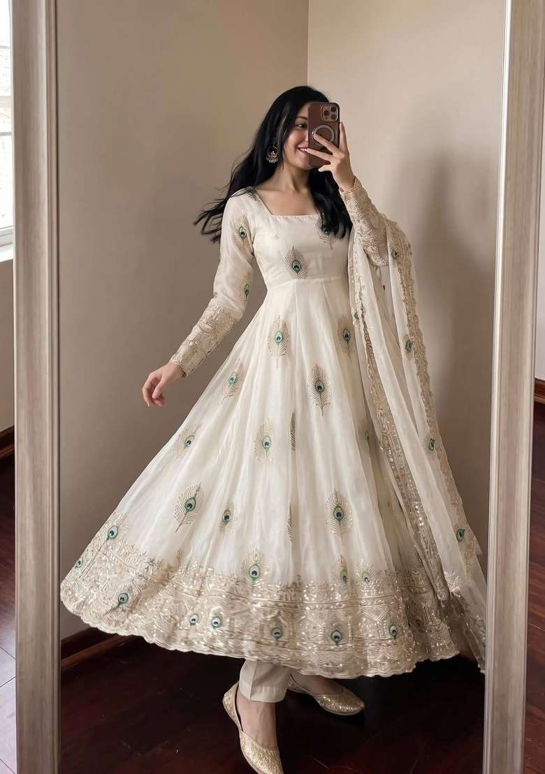 Off White Embroidery Silk Anarkali Set - Indya