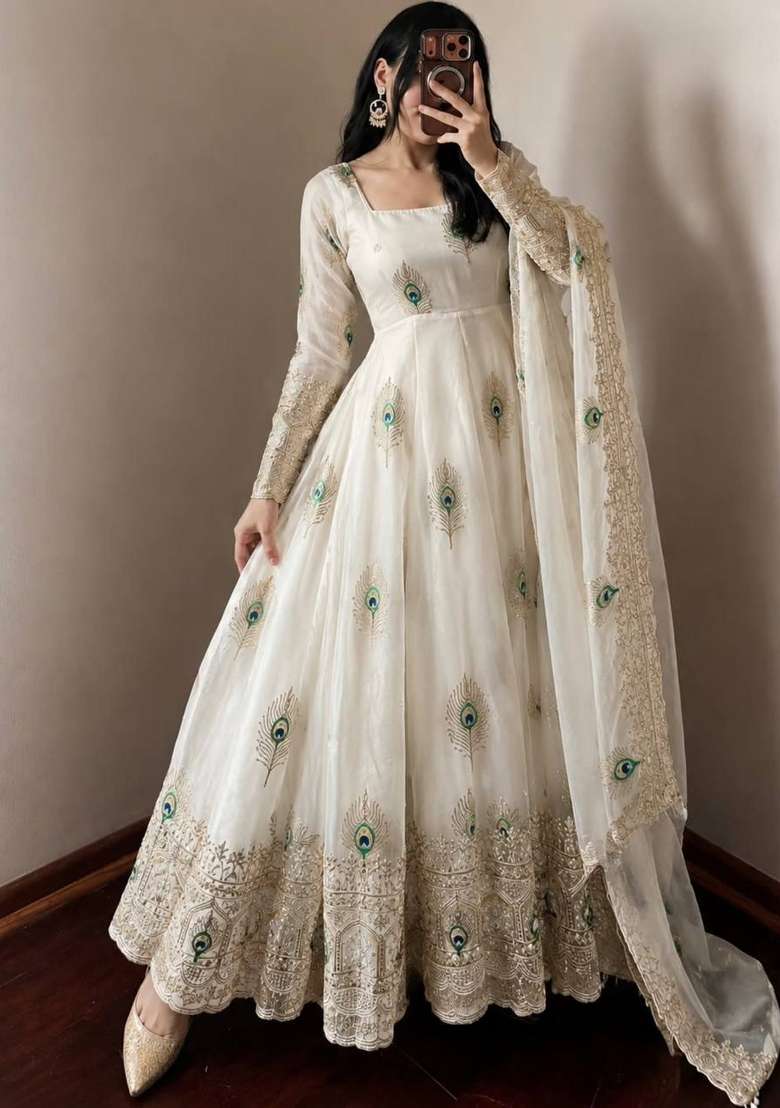 Off White Embroidery Silk Anarkali Set - Indya